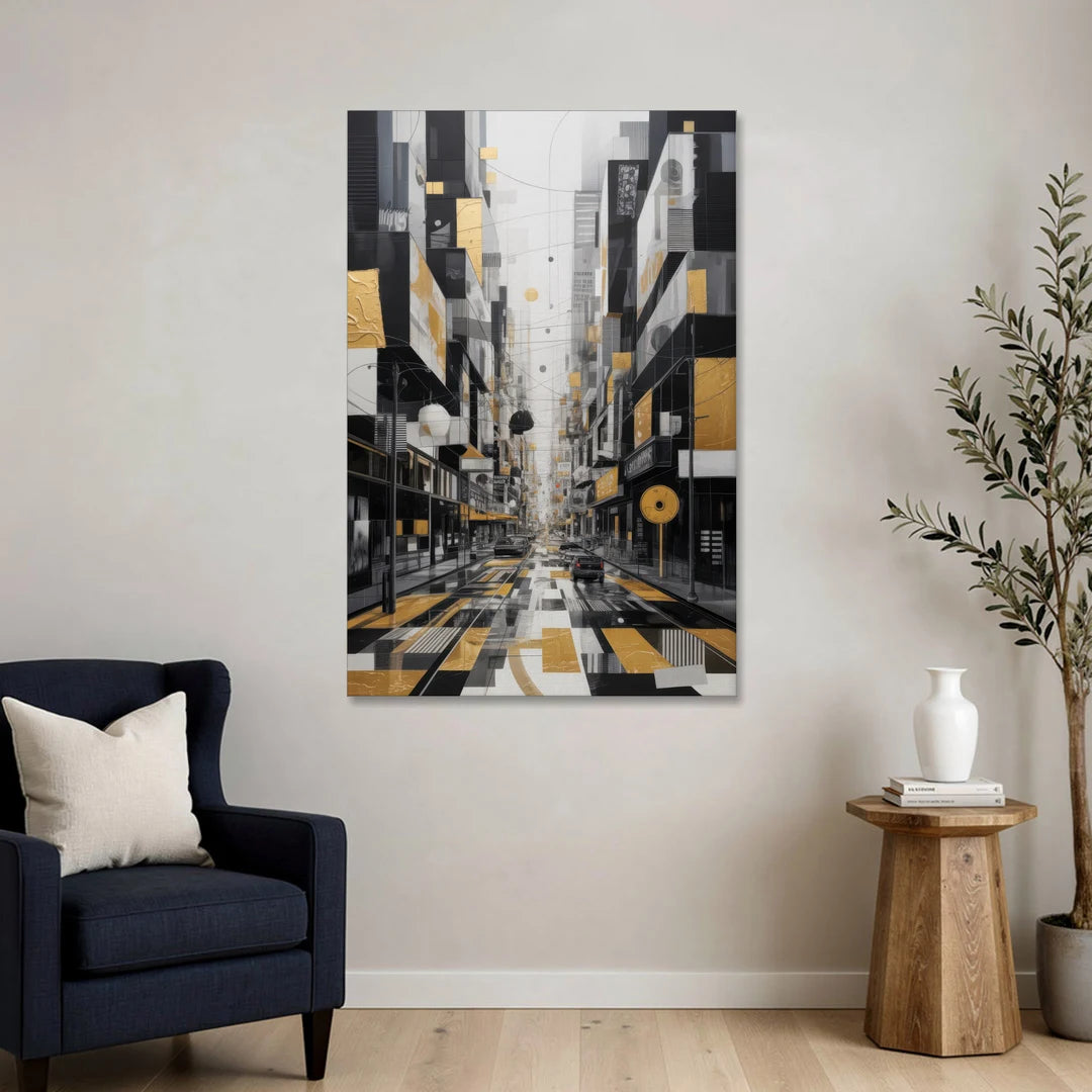 Urban Fragmented Elegance Black White and Gold Abstract - Canvas Wall Art - Sofa - 32x48