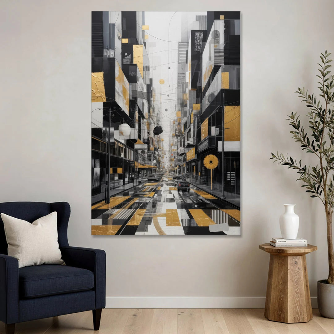 Urban Fragmented Elegance Black White and Gold Abstract - Canvas Wall Art - Sofa - 40x60