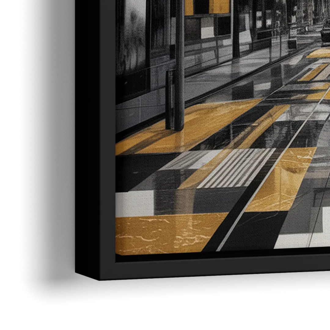 Urban Fragmented Elegance Black White and Gold Abstract - Close-Up Black Frame Canvas
