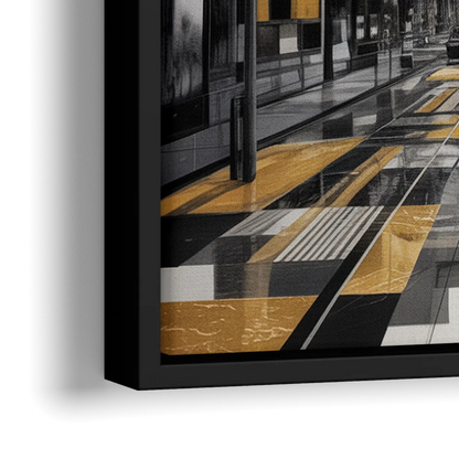 Urban Fragmented Elegance Black White and Gold Abstract - Close-Up Black Frame Canvas