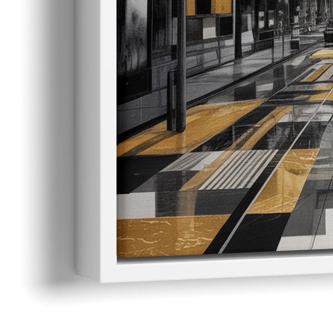 Urban Fragmented Elegance Black White and Gold Abstract - Close-Up White Frame Canvas