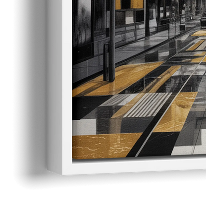 Urban Fragmented Elegance Black White and Gold Abstract - Close-Up White Frame Canvas