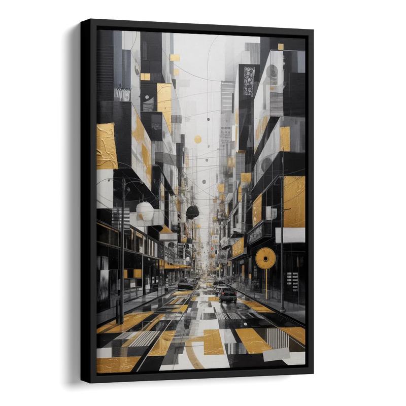 Urban Fragmented Elegance Black White and Gold Abstract Side - Black Canvas Wall Art