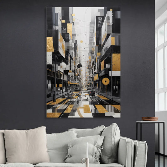 Urban Fragmented Elegance Black White and Gold Abstract Living Room - Canvas Wall Art
