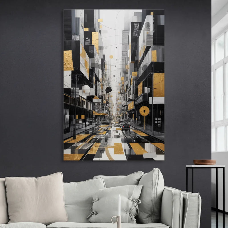 Urban Fragmented Elegance Black White and Gold Abstract Living Room - Canvas Wall Art