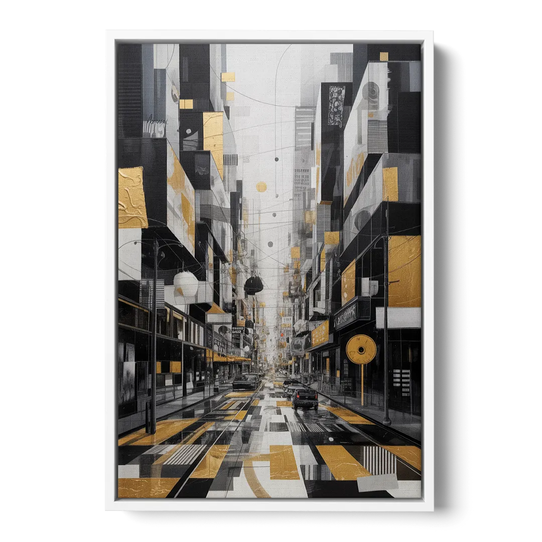 Urban Fragmented Elegance Black White and Gold Abstract - White Frame Canvas