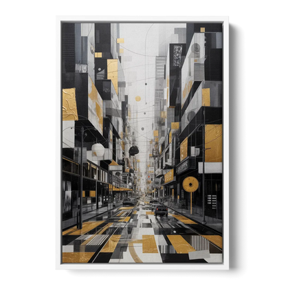 Urban Fragmented Elegance Black White and Gold Abstract - White Frame Canvas