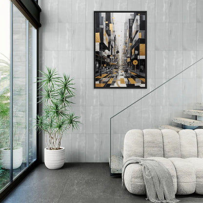 Urban Fragmented Elegance Black White and Gold Abstract - Living Room Black Frame Canvas