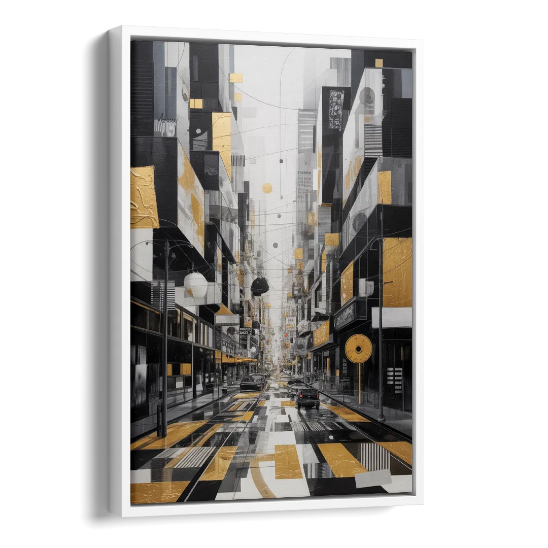 Urban Fragmented Elegance Black White and Gold Abstract Side - White Canvas Wall Art