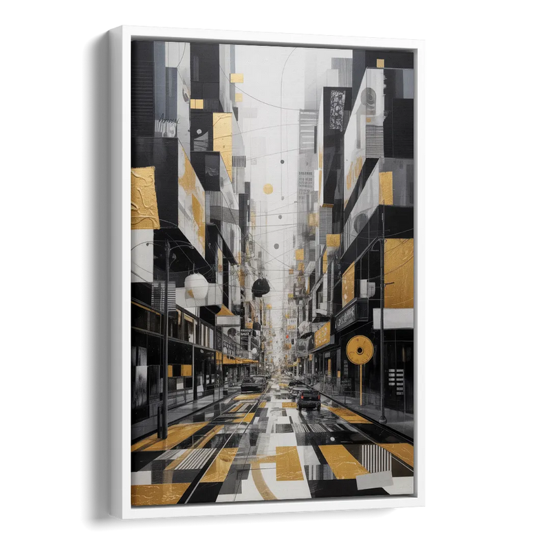 Urban Fragmented Elegance Black White and Gold Abstract Side - White Canvas Wall Art