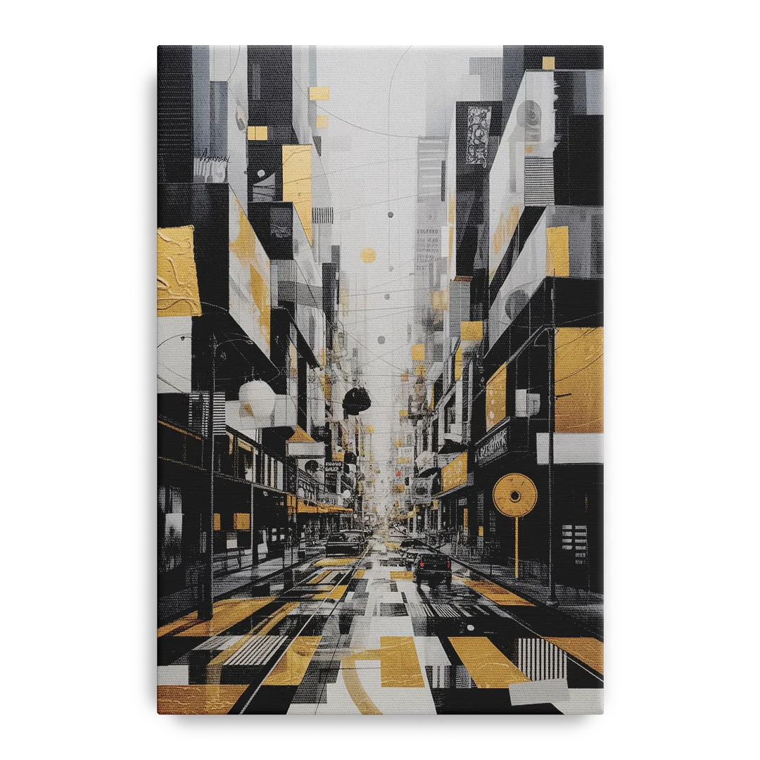 Urban Fragmented Elegance Black White and Gold Abstract Front - Canvas Wall Art