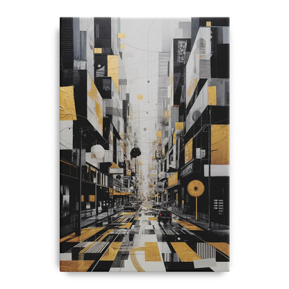 Urban Fragmented Elegance Black White and Gold Abstract Front - Canvas Wall Art