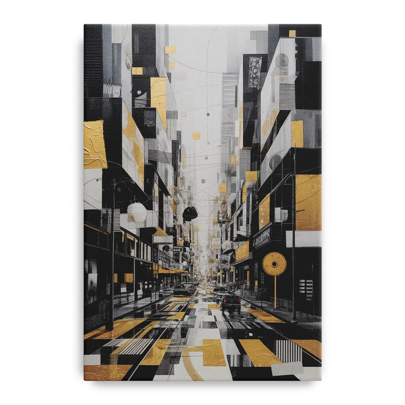 Urban Fragmented Elegance Black White and Gold Abstract Front - Canvas Wall Art