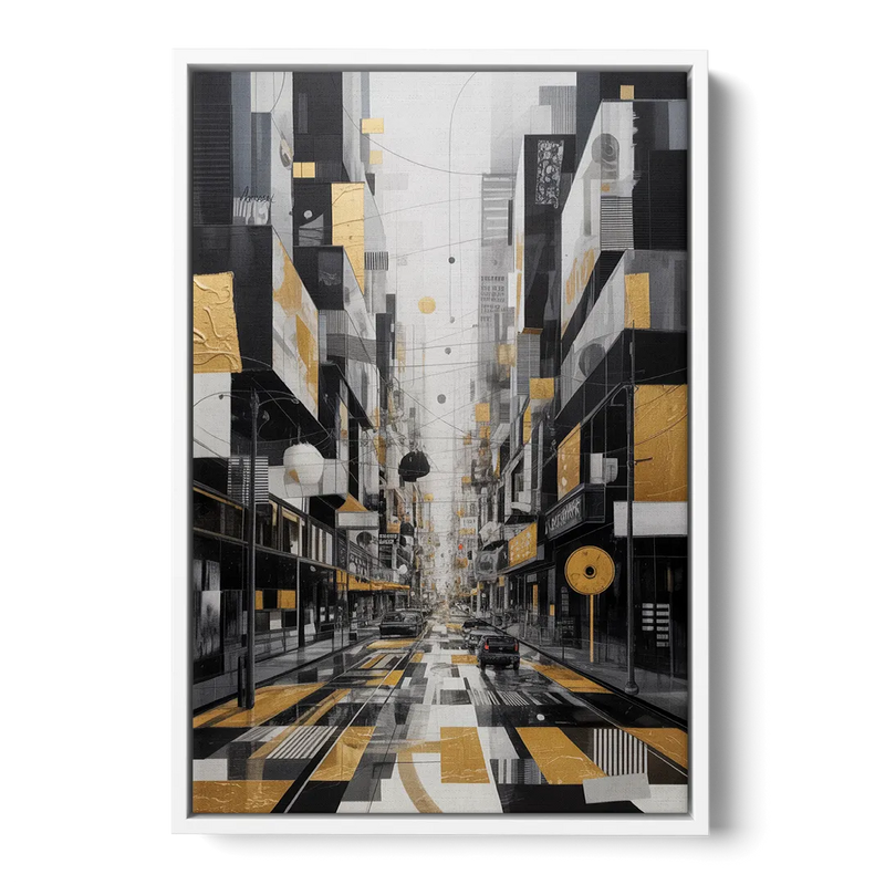 Urban Fragmented Elegance Black White and Gold Abstract Front - White Canvas Wall Art