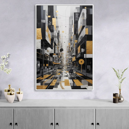 Urban Fragmented Elegance Black White and Gold Abstract Living Room - White Canvas Wall Art