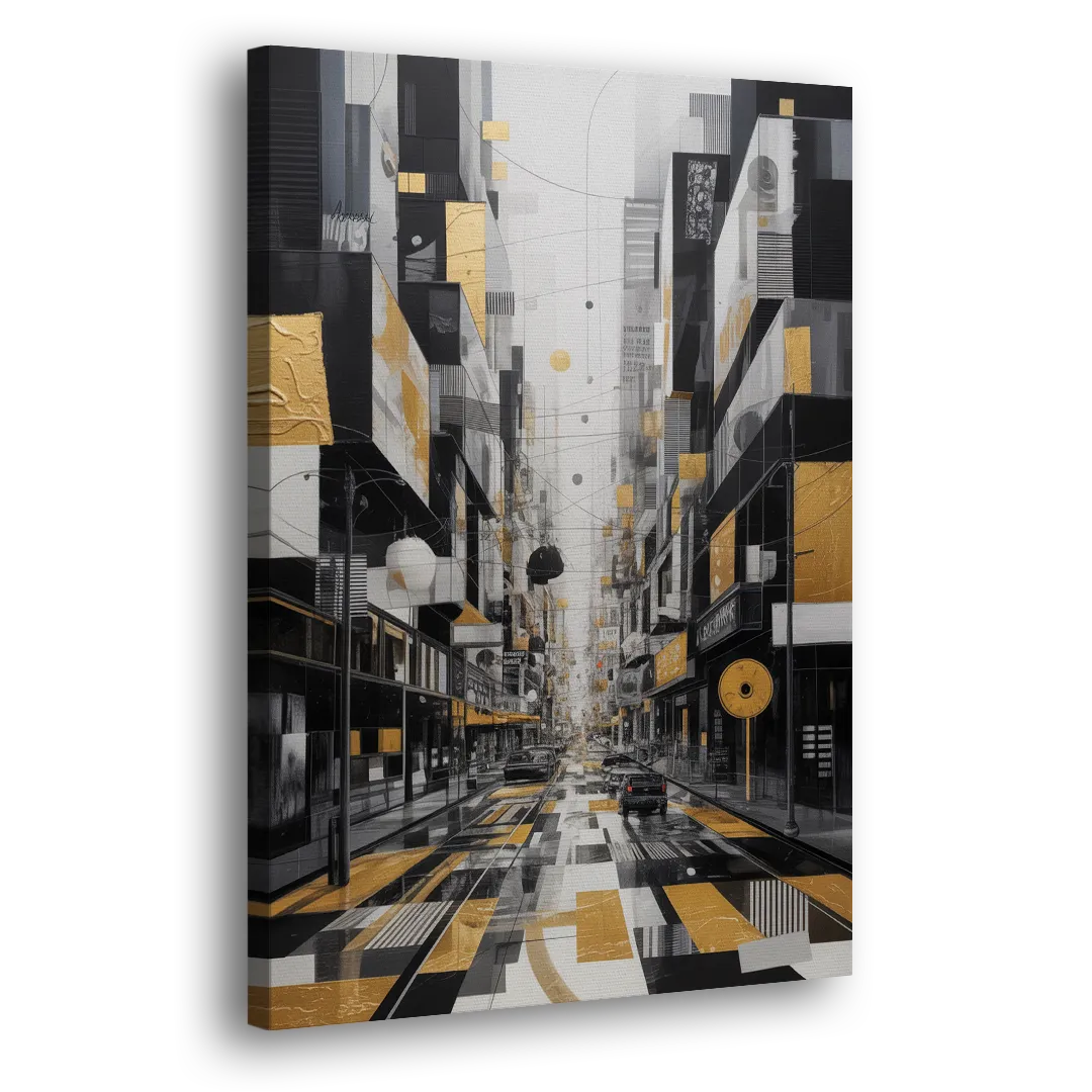 Urban Fragmented Elegance Black White and Gold Abstract Side - Canvas Wall Art