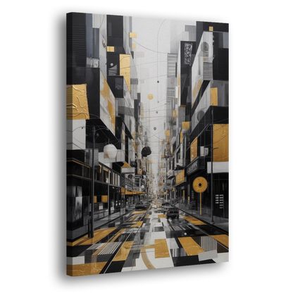 Urban Fragmented Elegance Black White and Gold Abstract Side - Canvas Wall Art