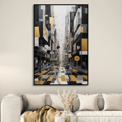 Urban Fragmented Elegance Black White and Gold Abstract Living Room - Black Canvas Wall Art