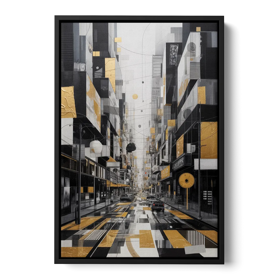 Urban Fragmented Elegance Black White and Gold Abstract - Black Frame Canvas