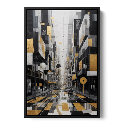 Urban Fragmented Elegance Black White and Gold Abstract - Black Frame Canvas