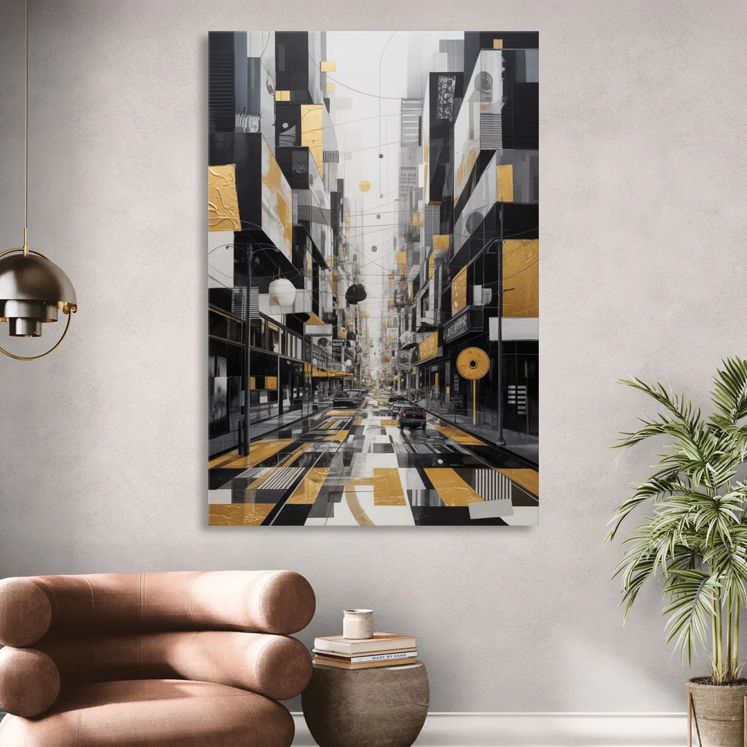 Urban Fragmented Elegance Black White and Gold Abstract Sitting Room - Canvas Wall Art