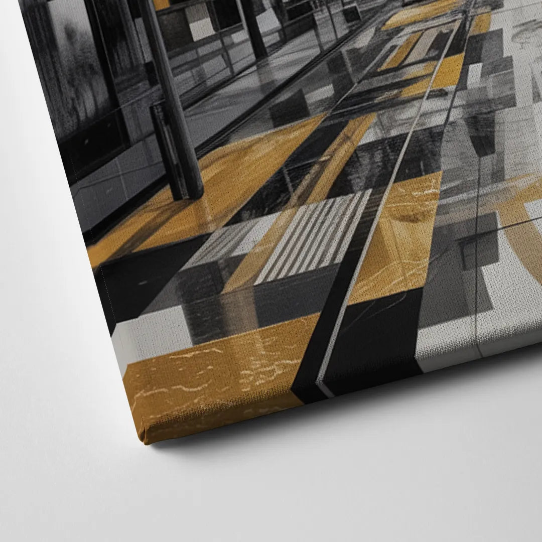 Urban Fragmented Elegance Black White and Gold Abstract Canvas Close Up