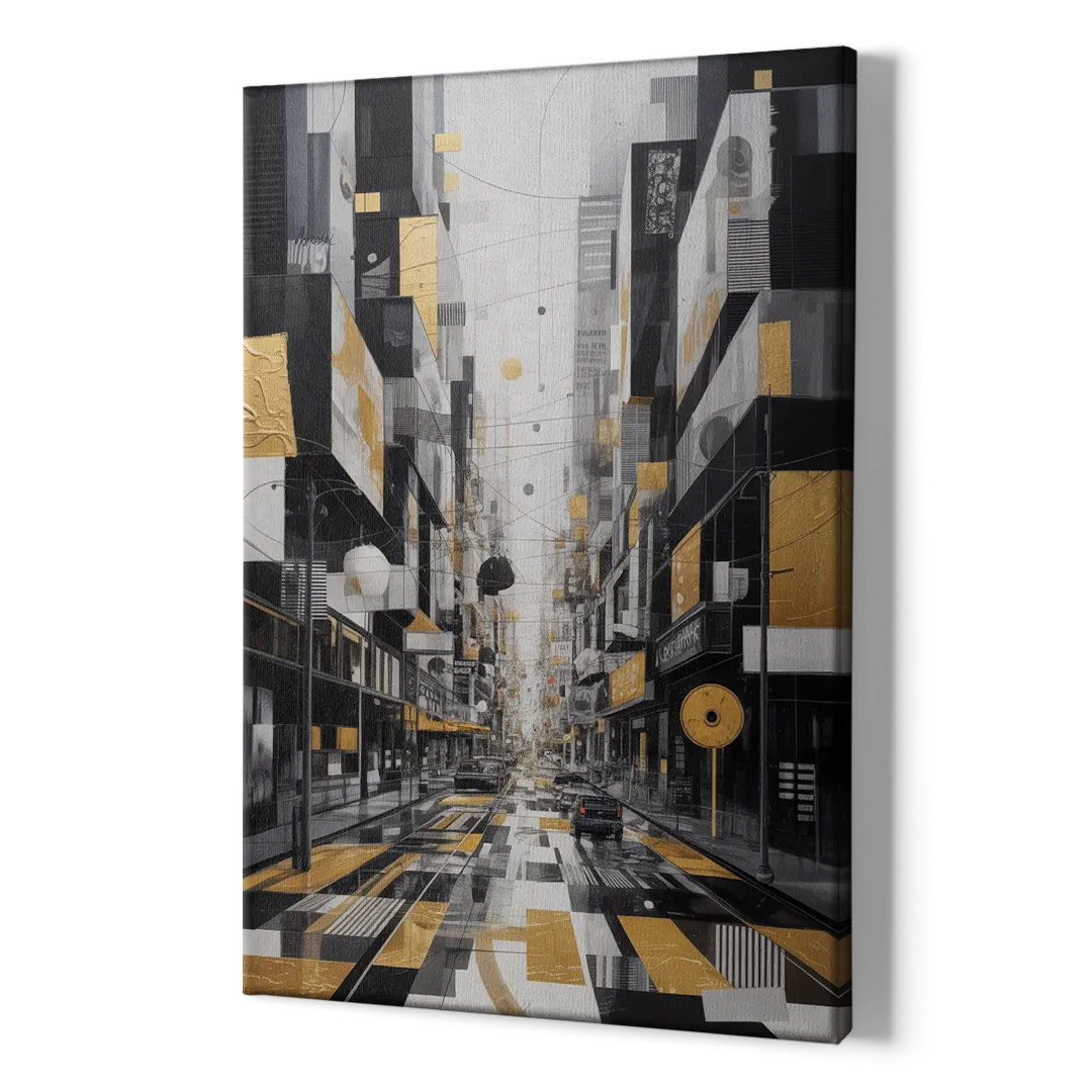Urban Fragmented Elegance Black White and Gold Abstract - Canvas Print Art Sides