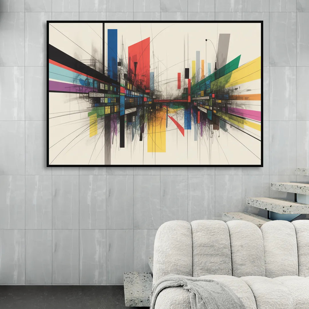 Urban Symphony Colorful Abstract Living Room - Black Canvas Wall Art