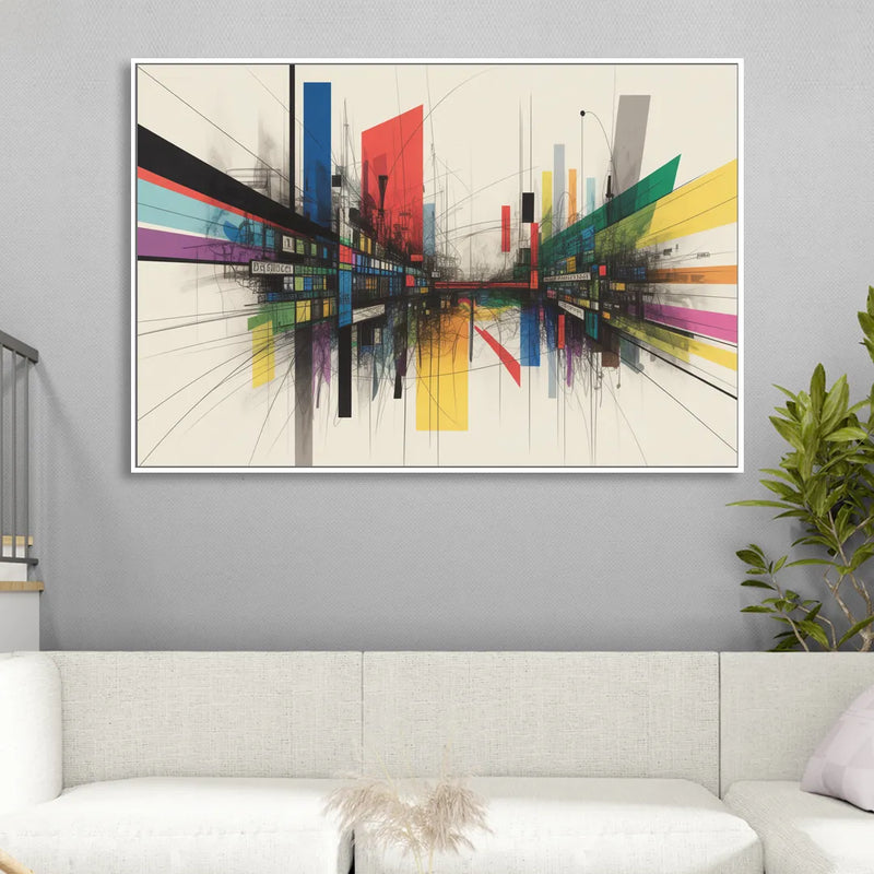 Urban Symphony Colorful Abstract Living Room - White Canvas Wall Art