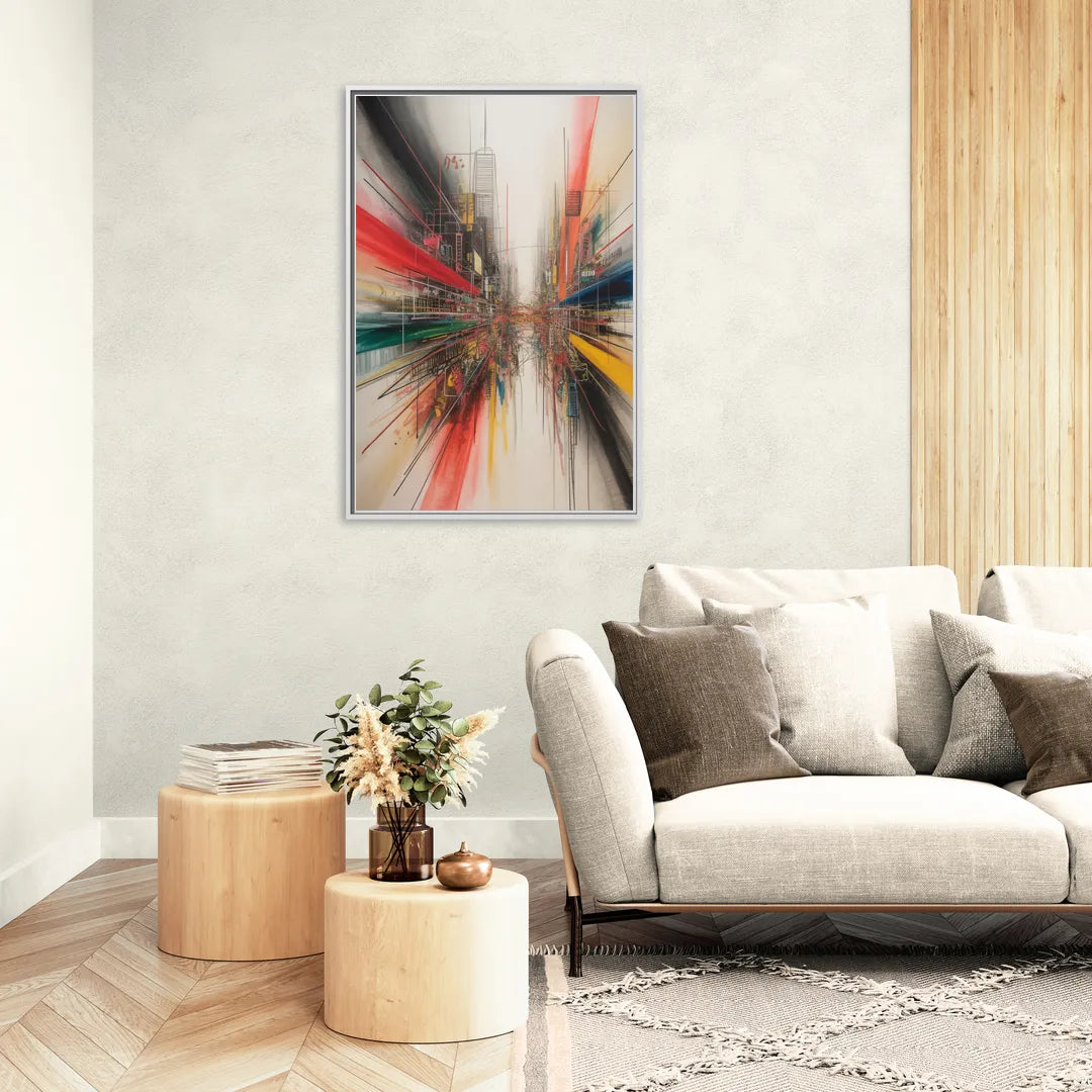 Urban Symphony Red Abstract - Living Room White Frame Canvas