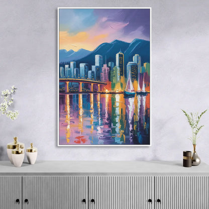 Vancouver City Lights Living Room - White Canvas Wall Art