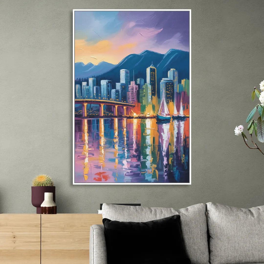 Vancouver City Lights Sitting Room - White Canvas Wall Art