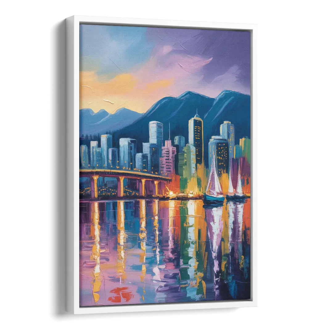 Vancouver City Lights Side - White Canvas Wall Art