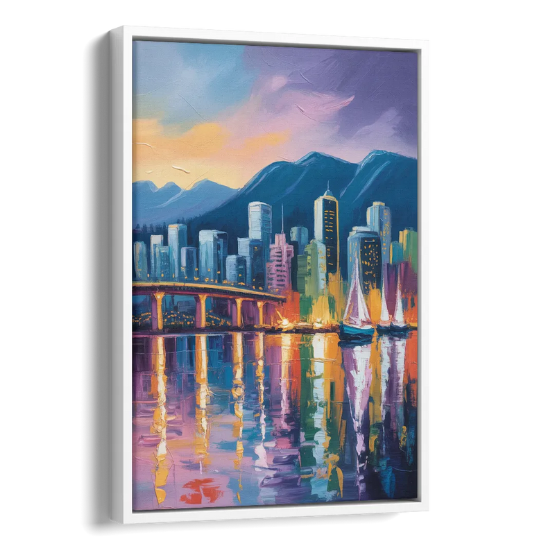 Vancouver City Lights Side - White Canvas Wall Art