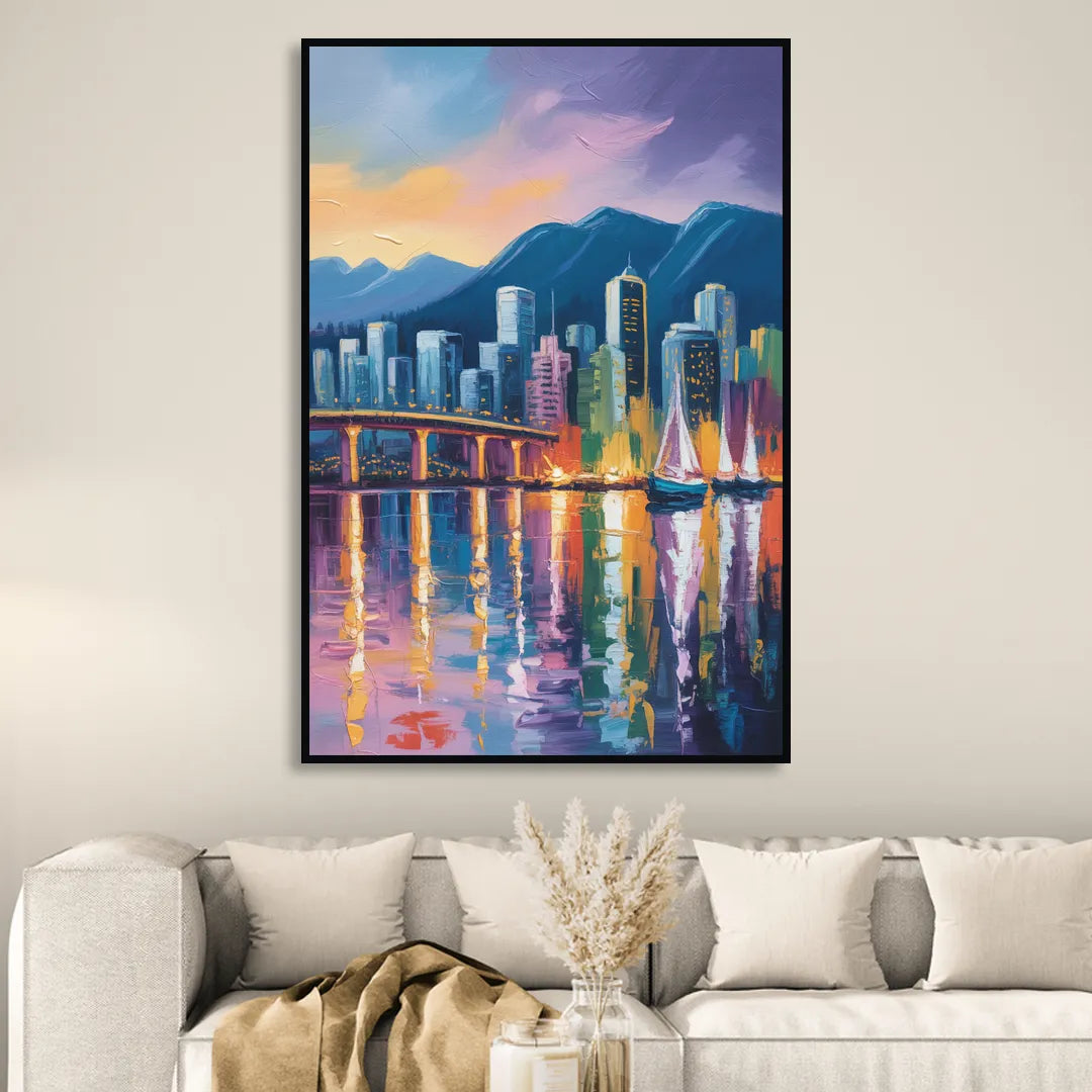 Vancouver City Lights Living Room - Black Canvas Wall Art