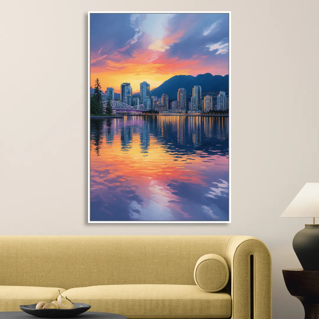 Vancouver Downtown Reflection Sitting Room - White Canvas Wall Art