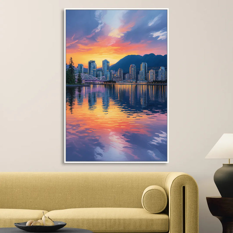 Vancouver Downtown Reflection Sitting Room - White Canvas Wall Art