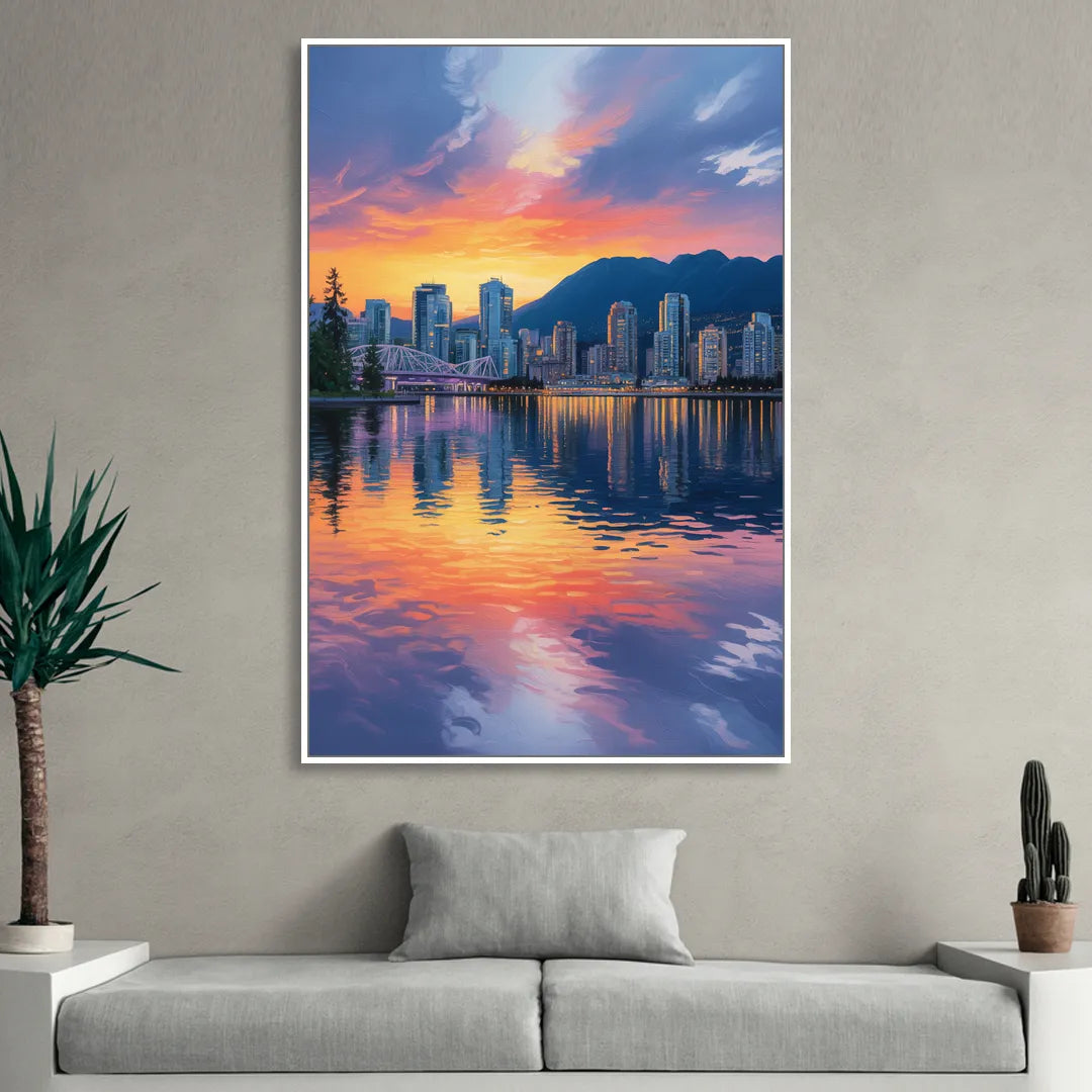 Vancouver Downtown Reflection Living Room - White Canvas Wall Art