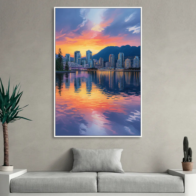 Vancouver Downtown Reflection Living Room - White Canvas Wall Art