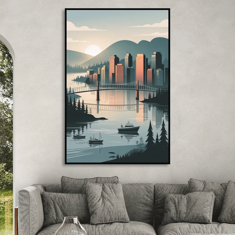 Vancouver Downtown Skyline Living Room - Black Canvas Wall Art