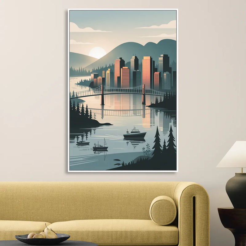 Vancouver Downtown Skyline Living Room - White Canvas Wall Art