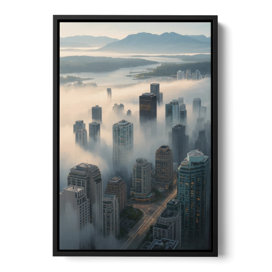 Vancouver Foggy Skyline - Black Framed Canvas Wall Art - Front