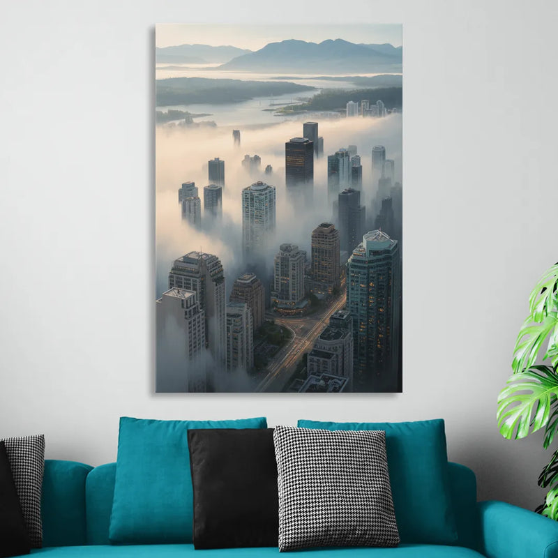 Vancouver Foggy Skyline Sitting Room - Canvas Wall Art