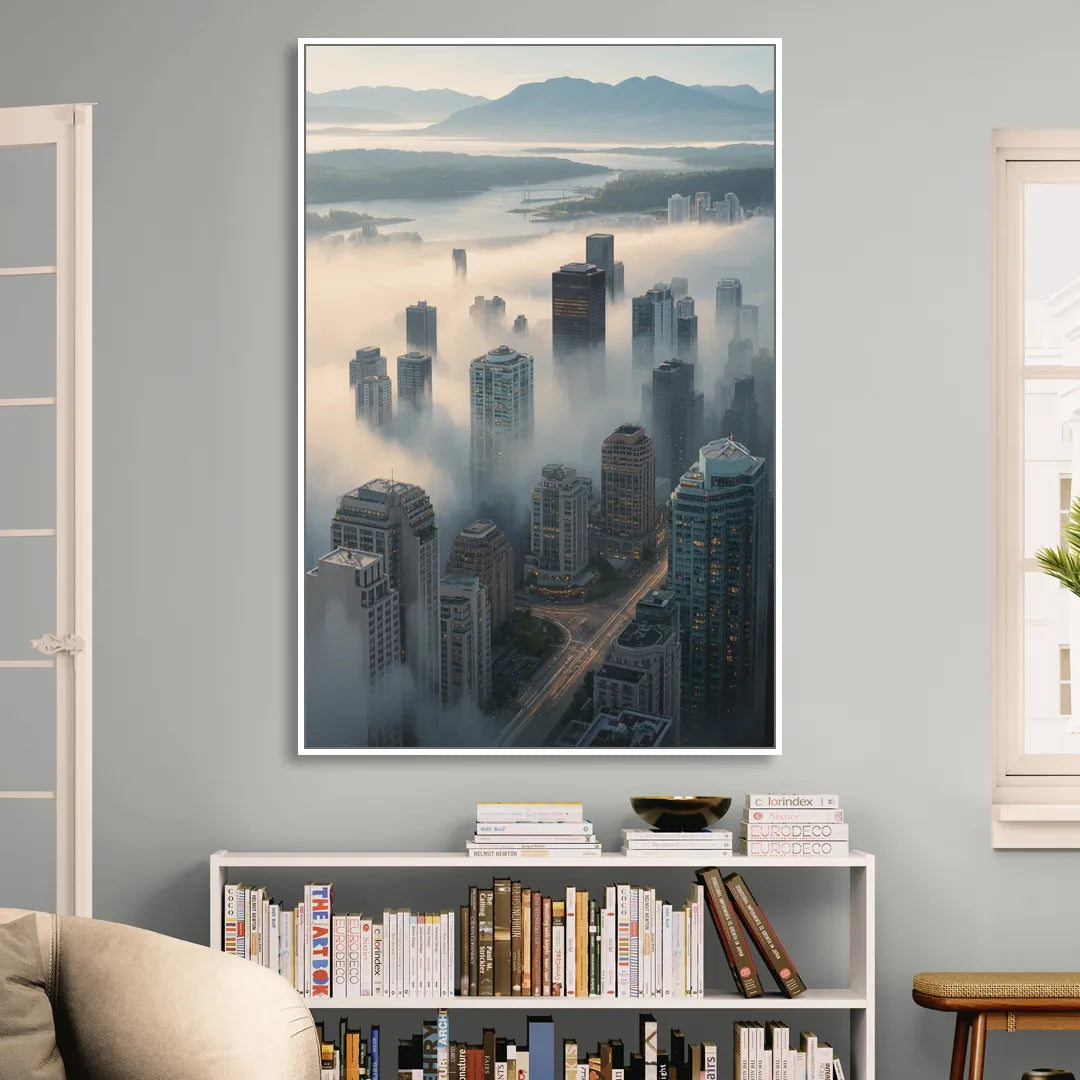 Vancouver Foggy Skyline Sitting Room - White Canvas Wall Art