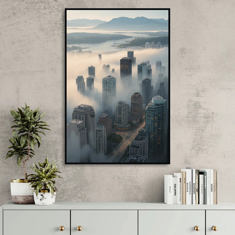 Vancouver Foggy Skyline Sitting Room - Black Canvas Wall Art