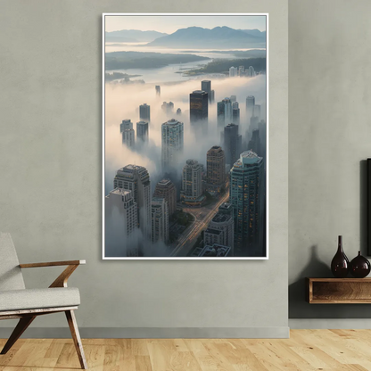 Vancouver Foggy Skyline Living Room - White Canvas Wall Art