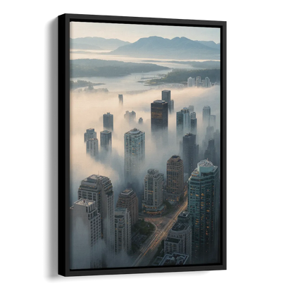 Vancouver Foggy Skyline Side - Black Canvas Wall Art