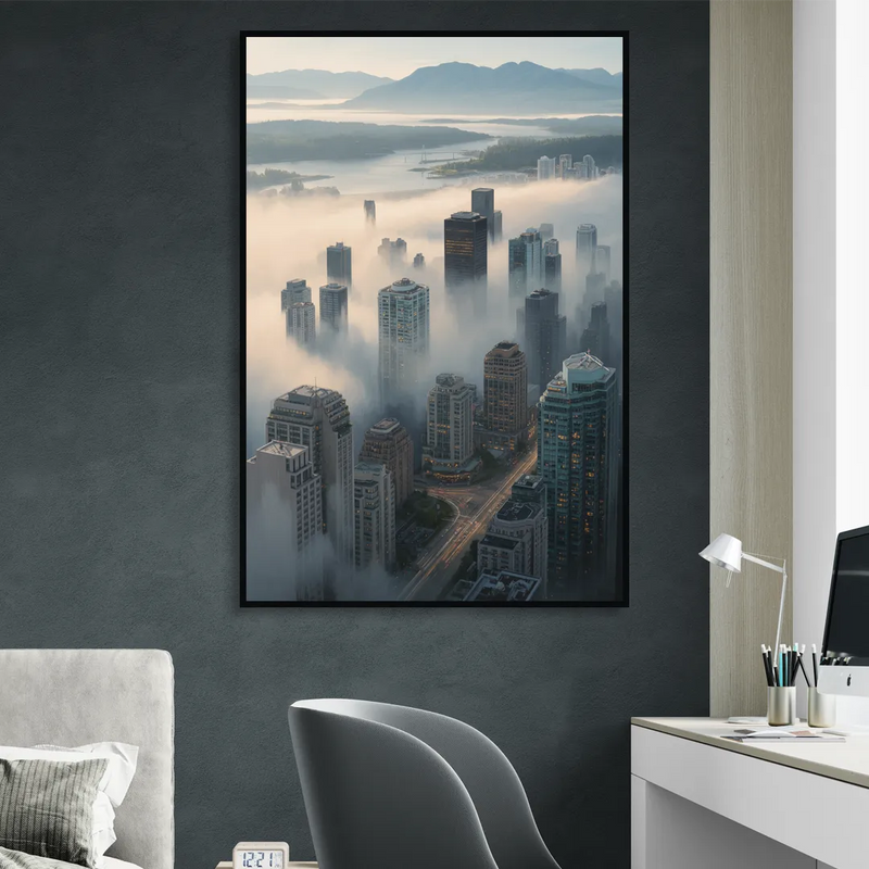Vancouver Foggy Skyline Living Room - Black Canvas Wall Art