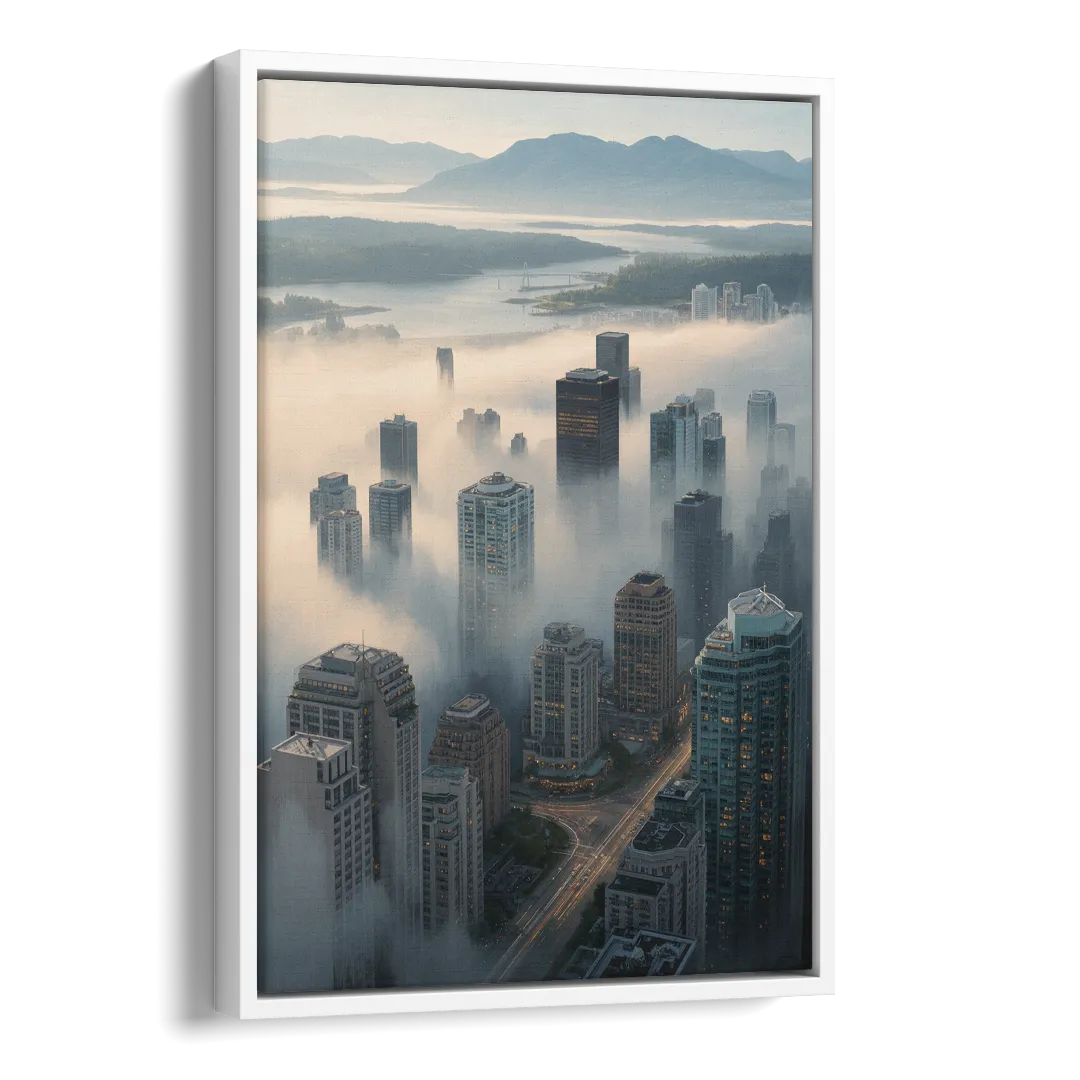 Vancouver Foggy Skyline Side - White Canvas Wall Art