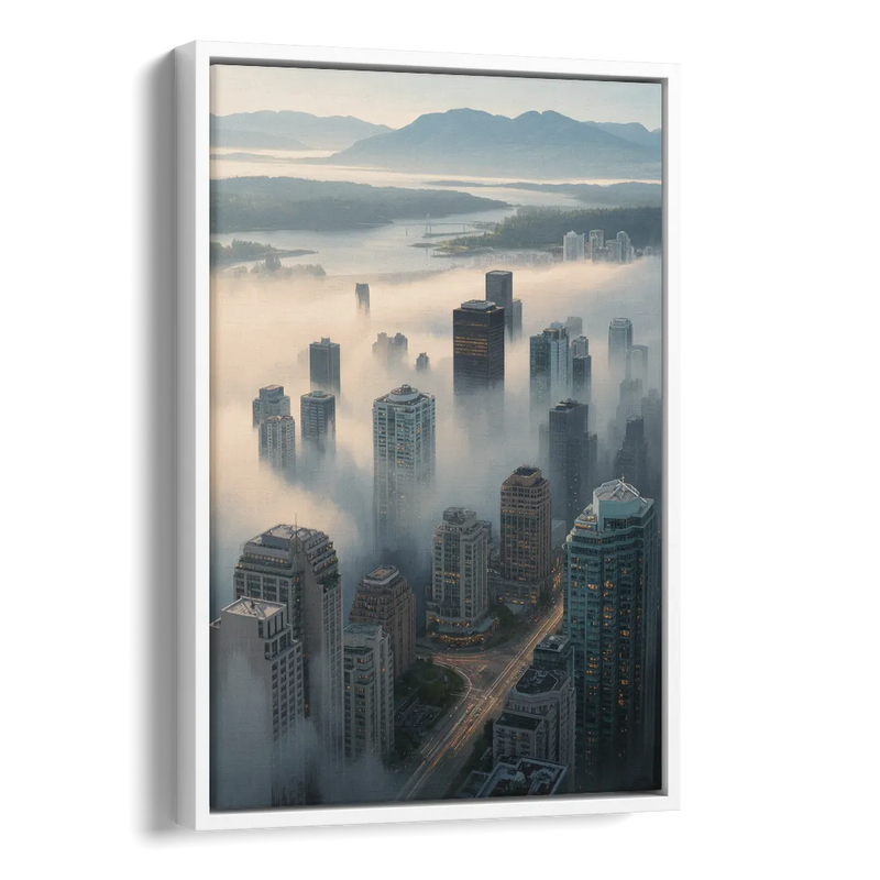 Vancouver Foggy Skyline Side - White Canvas Wall Art